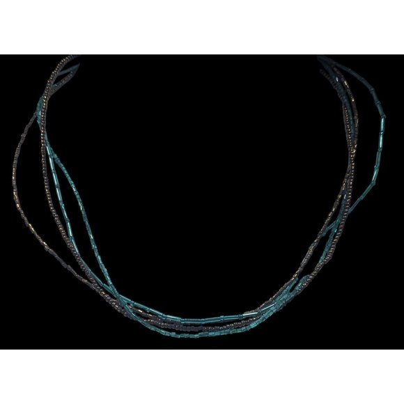 Earthy Blue And Copper Tone Glass Beaded Layered Necklace - Picture 4 of 6